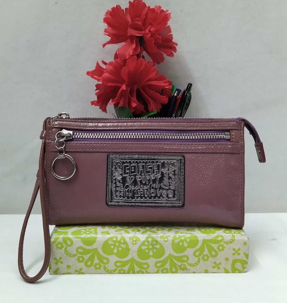Coach Poppy Purple Patent Leather Zipper Closure Wristlet - Wallet